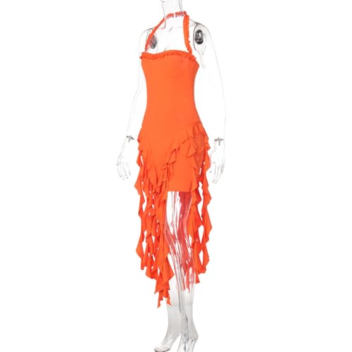 Image of Women's Summer Mini Dress Sexy Halter Backless Ruffle Fringe Bodycon Short Dress Cocktail Party Beach Vacation Sundress