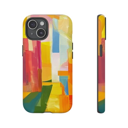Coque rigide mate iPhone 15 jaune coups de pinceau abstraits
