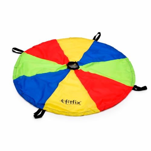 Image of Fitfix Sports Theme Rainbow Parachute 4feet, 4 Handles with Carry Bag for Kids in Bright Colors for Outdoor Sports Development, Team Building,Games, Tent, Cooperative Games- Multicolor