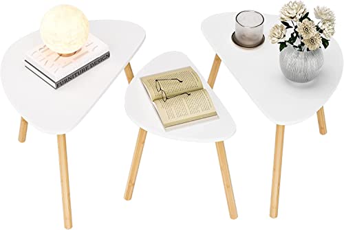 FOREHILL 3 Mesitas de café, Mesa Nido, Mesitas de Salón para el Café, Mesitas Auxiliares, Mesitas Centro, Nórdico, Moderno, Madera, Blanco, para Jardín, Dormitorio, Balcón