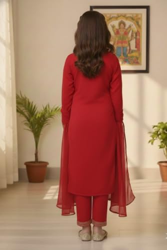 Image of Girls Stylish Rayon Lace Work Kurti with Dupatta and Pant