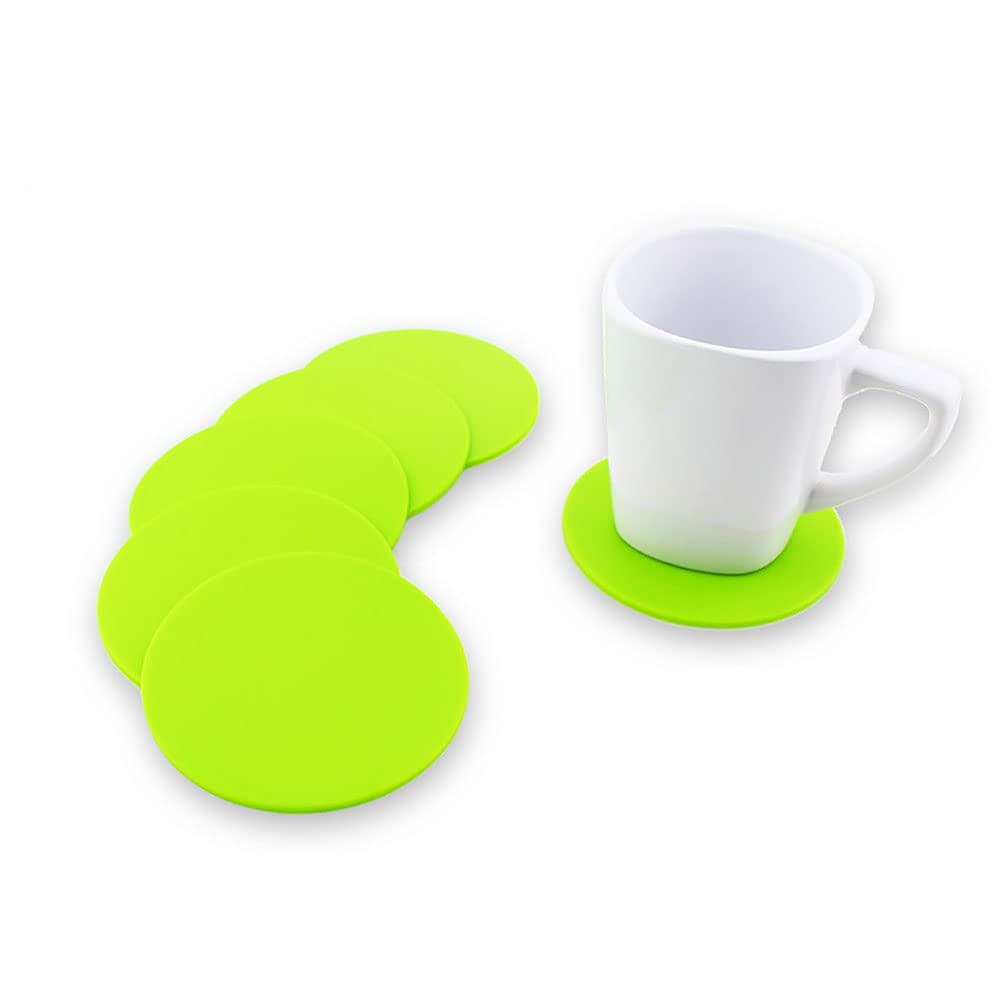 SCF2017 6pcs Round Silicone Coasters for Drink Non-Slip Washable Heat Insulation Cup Mats 9.8cm Small Cute Placemats,Green