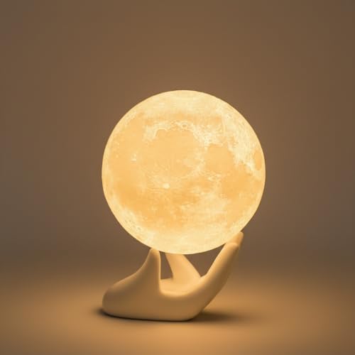 Mydethun 3.5 Inch 3D Moon Lamp – White Elephant Gift for Women Teenage Girls, Mood Lighting w/Ceramic Base, Dual-Color White/Yellow, Touch-Dimmable LED Night Light for Kids Room, Christmas Decor
