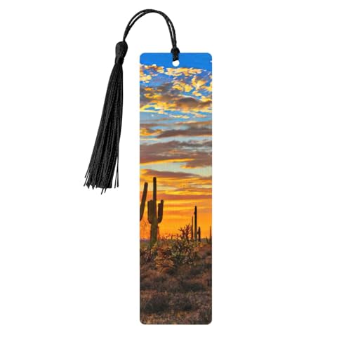 砂漠のサンセットサボテンプリント タッセル付き木製しおり5点、読書ページマーカー ブックマーク、男性女性へのギフト。