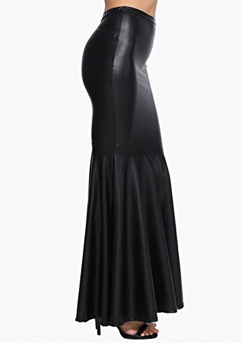 Women Faux Leather Pleated High Waist Maxi Mermaid Black Evening Skirt2