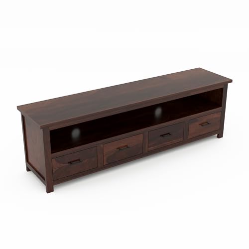 Image of Sheesham Solid Wood TV Cabinet for Living Room | Handcrafted Wooden TV Unit with Storage | Elegant Entertainment Stand for Modern Homes (4 Drawer Tv Cabinet, Walnut)