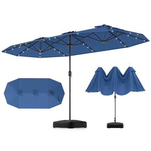 GOPLUS Grand Parasol de Jardin Exterieur avec Pied, 4M Parasol Rectangulaire Double Face pour 6 Personnes avec LED, Manivelle et Ventilation, pour Marché,...