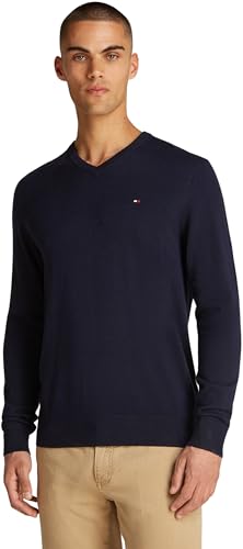 Tommy Hilfiger Pull Homme Essential Cotton Col en V, Bleu (Desert Sky), S