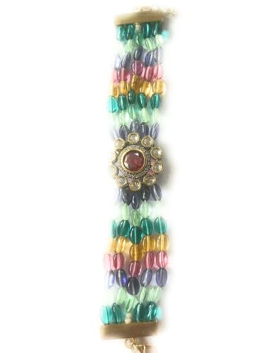 Image of Rakhi Loomba Multi-Strand Glass Bead Bracelet with Kundan Flower Centre, Turquoise Pink Yellow Purple Beads, Gold-Tone Clasp