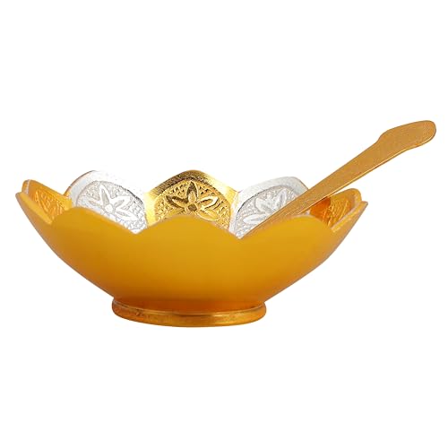 JR Handicrafts World Silver And Gold Plated Brass Bowl With Spoon (12.7X6.985X12.7, Silver And Golden), 1 liter