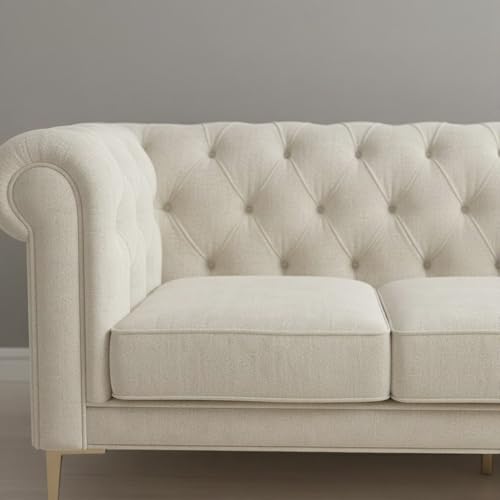 Image of Chesterfield Velvet Upholstery 3-Seater with Armchair and Footrest, Design in 3+1+Footrest Sofa for Living Room, Bedroom, Hallways (Off White)