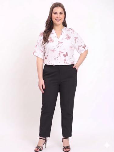 Image of SINDOORI Relaxed Fit Tops for Women Plus Size Solid Printed Mandarin Collar, Band Collar, V-Neck Top, Half Sleeve Loose Fit