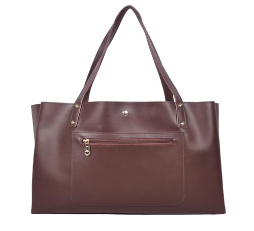 Image of tote bag for women office use - Brown Vegan Leather Tote Bag for Work-Office, Laptop 15-inch Fully Embossed Shoulder Handbag Stylish & Durable