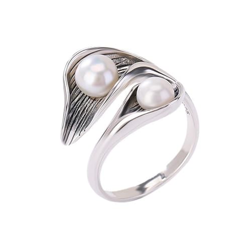 Eleganter 2 Perlenring Doppelperlenringe für Frauen 925 Silber überzogen Verstellbar Offen Vintage 3D Calla Blume Ring Weiß Runde Perlen Blatt Einzigartige Jubiläumsringe Alltagsringe