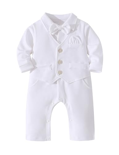 Image of HMD Baby Boy Long Sleeve Gentleman White Shirt Waistcoat Bowtie Tuxedo Onesie Jumpsuit Overall Romper