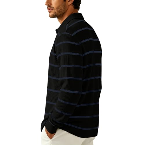 Rugby Polo Men Collared Henley Button Long Sleeve Waffle Shirt Men | Striped, Waffle Knit, Soft, Smart‑Casual, Drop Shoulder, Relaxed Fit, Old Money Clothes Men, Skin‑Friendly, Fall Winter - image 3