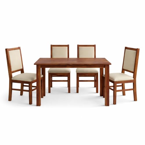 Image of SONA ART & CRAFTS Cresta Solid Sheesham Wood Dining Table Set of 4 Seater Dinner Dinning Table with 4 Cushion Chair Dining Furniture for Living Room Home Hotel Office Self Assembly (Natural Finish)
