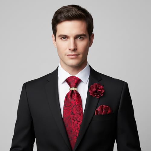 Image of 5PCS Tie and Pocket Square for Men, Silk Necktie and Handkerchief Cufflinks with Gold Ring and Lapel Pin Set