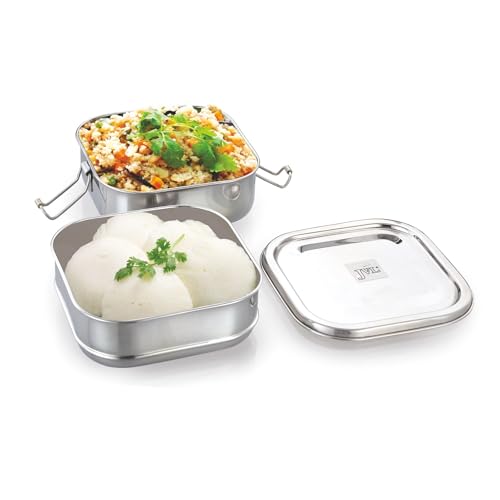 Image of JVL Stainless Steel 2 Tier Lunch Box, Food Grade Steel Tiffin for Kids & Adults, Leak Proof, Rust Resistant, Dishwasher Safe, Ideal for School, Office & Travel (Square, Small)