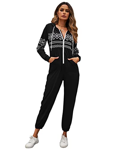 YesFashion Weihnachts Jumpsuit Damen Schlafanzug Einteiler Mit Kapuzen Onesie Weihnachten Mit Reißverschluss Winter Weihnachts Overall Mit Renntier...
