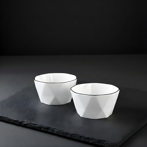 Image of Modern Geometric White Ceramic Bowls, Food Grade Porcelain with Minimalist Black Rim, Lead & Cadmium Free, Chip-Resistant Snack & Cereal Bowls (Set of 2)