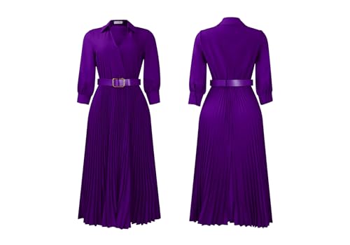 Image of Famnbro Womens Pleated Dress V Neck Long Sleeve A line Church Formal Works Business Dresses with Belt