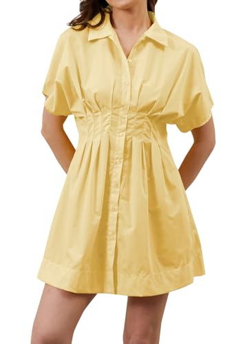 Image of calbatic Women Button Down Pleated Shirt Dress Striped Short Sleeve Summer Business Casual Flowy Mini Short Dress Yellow