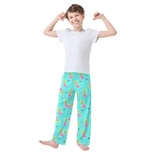 Pineapple and Love Heart Boys Long Pants Soft Trousers Elastic Waist Kids Lounge Bottoms with Pockets S-XL2