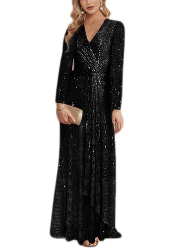 meilun Long Sleeve Sequin Dress for Women Formal Gowns Sparkly V Neck Maxi Dress
