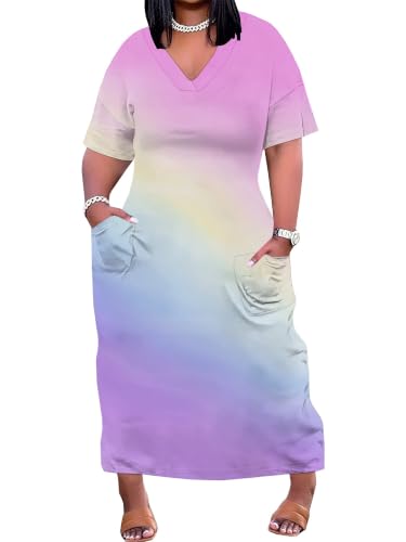 Image of PinkPatty Women's Plus Size Short Sleeve Maxi Dress Casual Loose V Neck Long Dress with Pockets