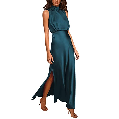 FNKDOR Robe de Soirée Femme Couleur Unie Robe Longue en Satin Maxi Robes sans Manche Col Montant Chic et Élégante Fente Latérale Robes de Cocktail Fête...