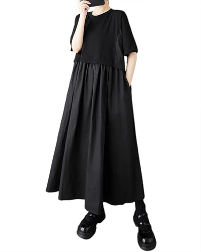 ellazhu Women's Dress Crewneck Short Sleeve A-line Solid Color Patchwork with Pocket GZ491