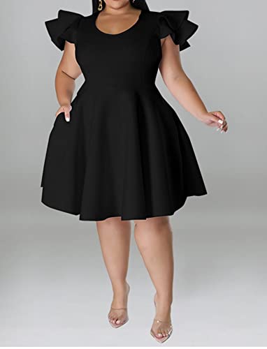 IyMoo Women's Plus Size Cape Flutter Sleeve Stretchy A Line Swing Flared Skater Cocktail Party Dress with Pockets2