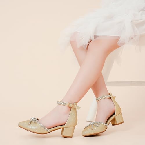 Image of LAURMOSA Girls Sandals Closed Toe High Heels Pointed Toe Ankle Strap Pumps Flower Girl Dressy Shoes in Wedding Party Cute Bowknot Chunky Block Heeled for Little Big Kids