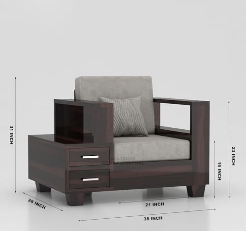 Image of Sheesham Wooden 1 Seater Sofa Set for Living Room | Solid Wood Sofa with Side Box Storage & Cushion | Rosewood Sofa Set for Home & Office | Lounge (Walnut, 1 Seater)