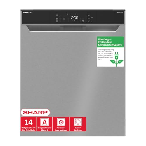 Sharp QW-NA3YU42AI-DE Geschirrspüler Unterbau 60 cm, 14 Maßgedecke, A, 42 dB, Turbo-Trocknung, QuickWash 14’, SteamWash, AutoDoor, EcoBox, Edelstahl