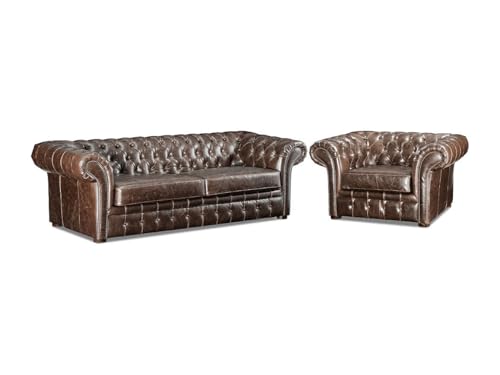 Vente-unique - Canapé 3 Places et Un Fauteuil 100% Cuir Vieilli Chesterfield CLOTAIRE