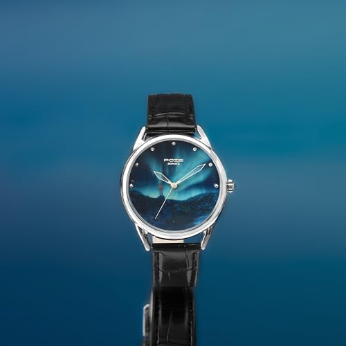 Image of Sonata Poze 8 Quartz Analog Northern Lights Inspired Watch for Unisex with Blue Luminous Dial & Black Leather Strap - SP70100SL02W