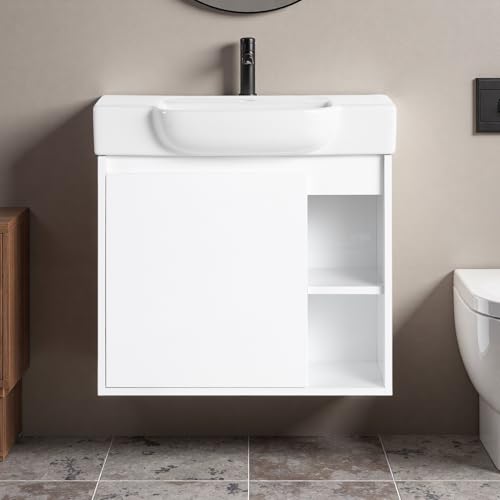 Image of 24 inch Bathroom Vanity with Ceramic Sink, Modern Wall-Mounted Bathroom Vanity with Soft-Close Door & 2 Open Storage Shelves, Farmhouse, Undermount Storage Cabinet, Easy to Clean, Glossy White