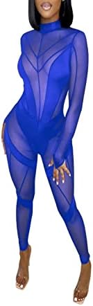 Women Sexy High Neck Sheer Mesh Splicing Bodycon Jumpsuit Romper Clubwear Blue S