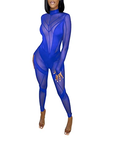 Women Sexy High Neck Sheer Mesh Splicing Bodycon Jumpsuit Romper Clubwear Blue S #TOP13