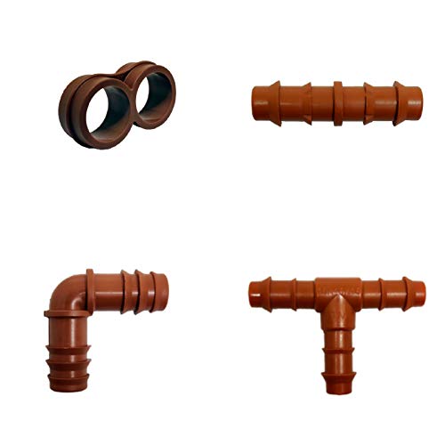 Riegopro Pack RIEGO por Goteo 16MM: 50 te + 50 Codo + 50 Enlace + 10 estrangulador. Color marrón. Marca Riegopro