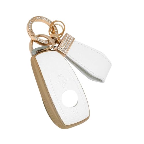 Image of keyzone Litchi Leather Textured TPU Key Cover & Keychain for E-Class, S-Class, A-Class, C-Class, G-Class 2020 Onwards Smart Key (White)