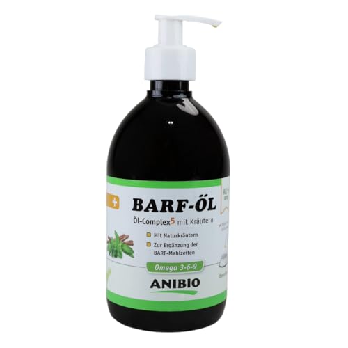 Anibio Barf Öl 500ml – All-in-One Öl-Complex 5 mit Kräutern für Hunde | Kaltgepresste Ölmischung mit Omega 3, 6 & 9 | barfen | Barföl | Made in Germany