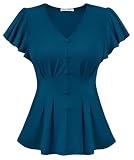 GRACE KARIN Women's Summer Tops Short Sleeve V-Neck Ruffle Smocked Pleated Blouses Top for Casual Party Teal Blue M