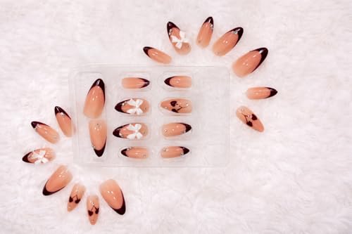 Image of Nude & Burgundy French Tip Press On Nails with 3D Flower Design | Glossy Almond Shape Fake Nails | Reusable Stick On Nails for Women (24 Pcs Kit)