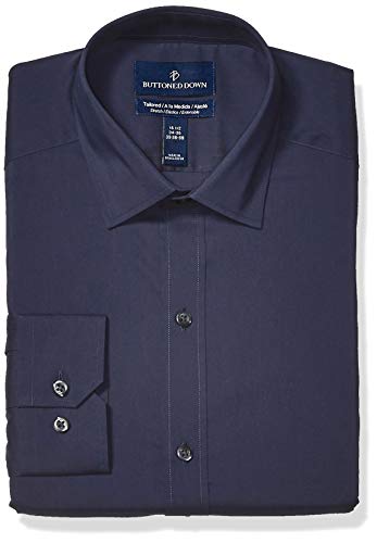 Amazon Brand - Buttoned Down Men's Tailored Fit Tech Stretch CoolMax Easy Care Dress Shirt, Navy, 16.5