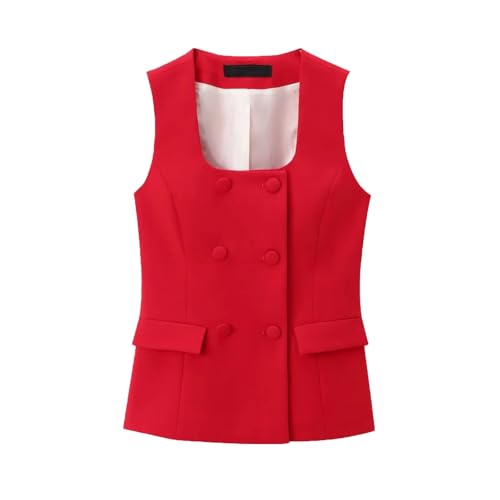 Women's Red Vest Sets Fashion Chic Sleeveless Double Breasted Vest Top and Wide Leg Pants Suits