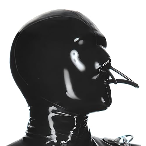 2.Full Cover Latex Hood with Fixed Hollow Mouth and Nose Tube Rubber Mask ClubWear (L)