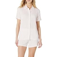 Amazon Essentials x Sofia Grainge Damen Pyjama-Set, eng anliegend, mit kurzen Ärmeln, Blassrosa Kühner Streifen, M